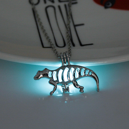 Collier pendentif cage de dinosaure en alliage avec pierre lumineuse synthétique, bijoux phosphorescents pour femmes