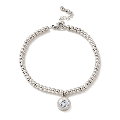 304 Stainless Steel Flat Round Charm Bracelet with Clear Cubic Zirconia, 201 Stainless Steel Round Beads Bracelet for Women