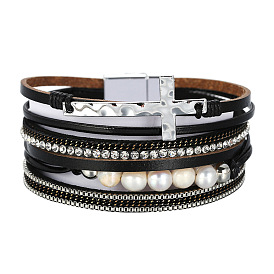 Bohemian PU Leather Bracelet with Multi-layer Wide Cross Handmade Pearl Bracelet.