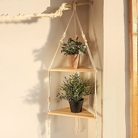 Étagère d'angle en bois à plusieurs niveaux suspendue au mur, Étagères flottantes en corde de coton et pampilles en macramé, pour pots de plantes, cadres photo