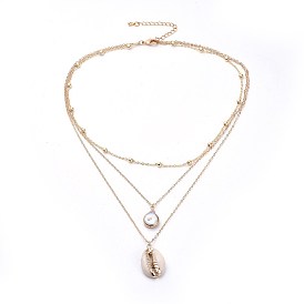 Colliers étagés en coquillage cauri et perles baroques naturelles, 3 colliers de couches, avec des chaînes d'extension en laiton plaqué longue durée