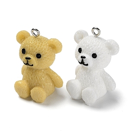 Opaque Resin Pendants, Bear Charms, with Platinum Tone Iron Loops