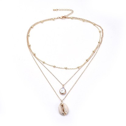 Cowrie Shell and Plated Natural Baroque Pearl Keshi Pearl Tiered Necklaces, 3 Layer Necklaces, with Long-Lasting Plated Brass Extender Chains