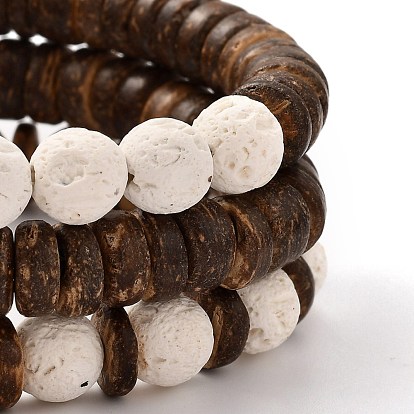 Наборы стрейч браслеты, штабелируемые браслеты, с натуральным лавовым камнем (окрашенным) и бусинами из ракушек кокоса и каури