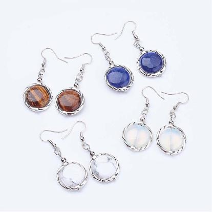 Gemstone Dangle Earrings, with Alloy Findings and Brass Earring Hooks, Flat Round