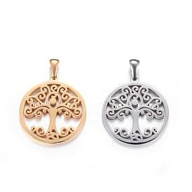 Ion Plating(IP) 304 Stainless Steel Pendants, Flat Round with Tree of Life