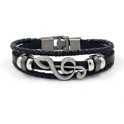 Cowhide Leather Braided Triple Layer Multi-strand Bracelet, Music Note Alloy Beaded Bracelet for Men Women