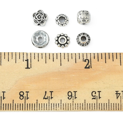 255 piezas 6 cuentas de espaciador de aleación de estilo tibetano y diamantes de imitación de hierro, rondelle & bicono & flor & barril