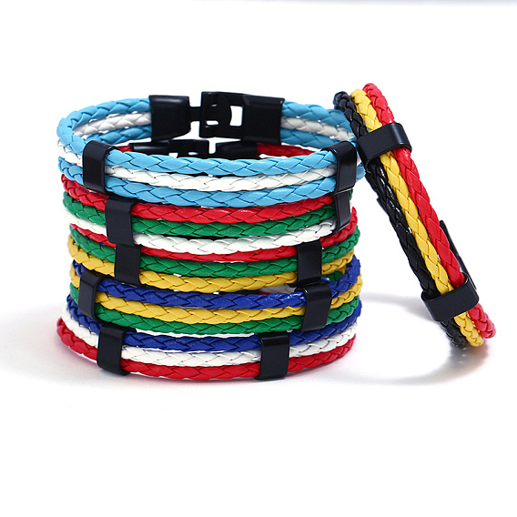 Flag Color Imitation Leather Triple Line Cord Bracelet with Alloy Clasp, National Theme Jewelry for Men Women