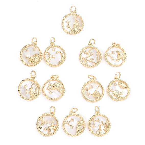 Brass Micro Pave Cubic Zirconia Pendants, with Natural Shell and Jump Ring, Flat Round with Twelve Constellations