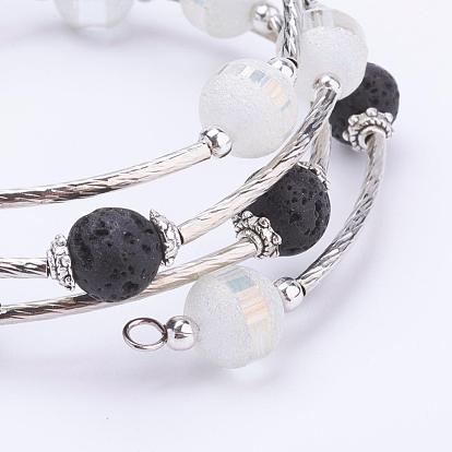 Electroplate Glass Bead Wrap Bracelets, 4-Loop, with Natural Lava Rock Beads, Zinc Alloy Bead Caps and Brass Tube Beads
