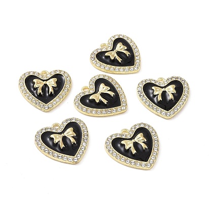 Alloy Enamel Pendants, with Crystal Rhinestone, Cadmium Free & Lead Free, Light Gold, Heart with Bowknot