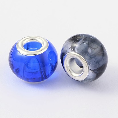 Perles européennes en verre, avec noyaux en laiton plaqué couleur argent, Perles avec un grand trou   , rondelle, 15x12mm, Trou: 5mm