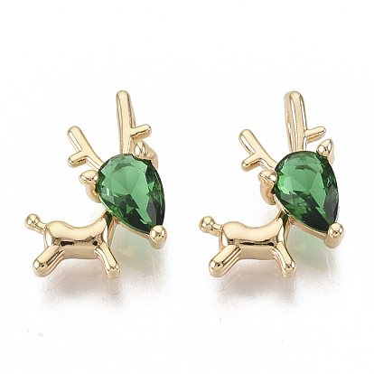 Brass Cubic Zirconia Charms, Christmas Reindeer/Stag, for Christmas, Green, Nickel Free