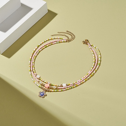 3 шт. 3 стильный комплект ожерелья из жемчуга и полимерной глины с цветком и стеклянным бисером, ожерелье из сплава эмали сглаза штабелируемое ожерелье для женщин