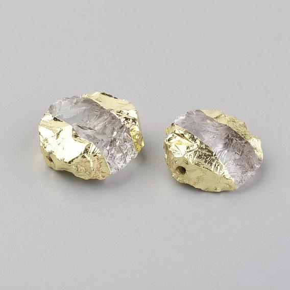 Perles de cristal de quartz naturel, avec les accessoires en laiton, plat rond, or