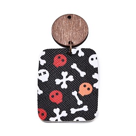 Halloween Theme Imitation Leather & Wood Pendant, with Iron Jump Ring, Flat Round & Rectangle with Skull