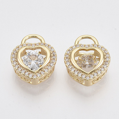 Brass Micro Pave Clear Cubic Zirconia Charms, Nickel Free, Heart