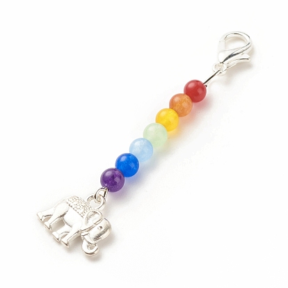 Chakra Theme Natural & Dyed Malaysia Jade Beaded Pendant Decorations, with Lobster Claw Clasps, Alloy Pendants, Elephant