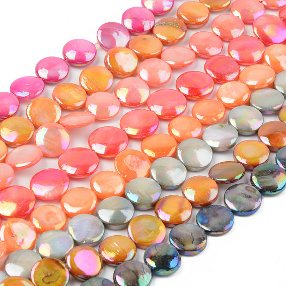 Electroplate Natural Freshwater Shell Beads Strands, Dyed, Flat Round