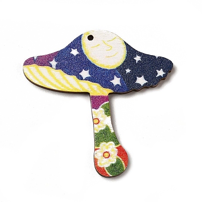Printed Wooden Pendants, Mushroom Charms with Sun, for DIY Jewelry Decorated Making