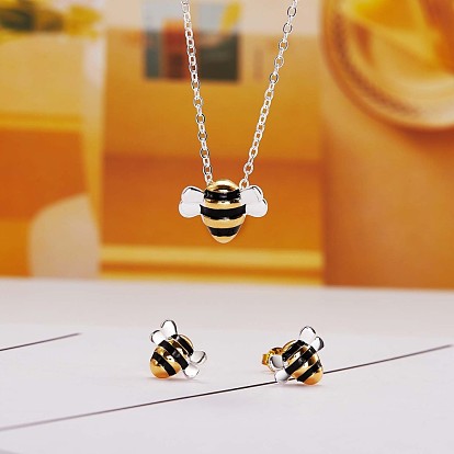 Brass Bee Stud Earrings and Pendant Necklace, Cute Animal Jewelry Set for Women