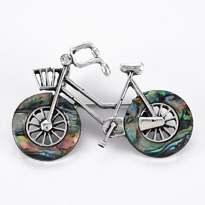 Broche en coquillage naturel en forme de vélo, Alliage avec épinglette en strass pour vêtements de sac à dos, sans plomb et sans cadmium, argent antique