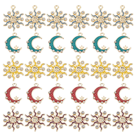 Colgantes de esmalte de aleación de estilo benecreat 30pcs 5, con diamantes de imitación de cristal, la luz de oro, sol y luna con estrella
