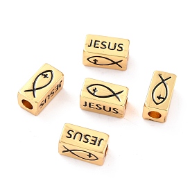 Brass Jesus Tube Beads for Easter, with Enamel, Long-Lasting Plated, Cuboid with Word Jesus and Jesus Fish