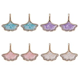 8Pcs 4 Colors Rack Plating Alloy Rhinestone Pendant, with Enamel, Nickel Free, Gingko Leaf Charms, Golden