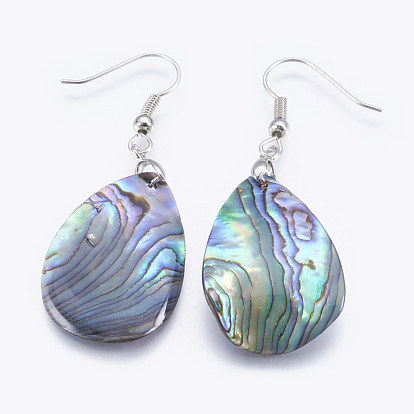 Abalone Shell/Paua Shell Dangle Earrings, with Brass Findings, Drop, Platinum