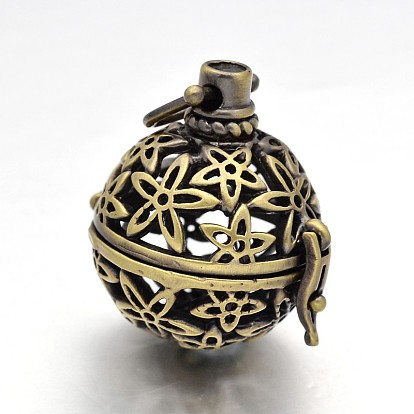Round Brass Hollow Cage Pendants, For Chime Ball Pendant Necklaces Making, Lead Free & Cadmium Free, 30x28x23mm, Hole: 5x5mm