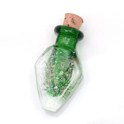 Lumineux à la main pendentifs en verre de sable d'or, avec bouchon en bois, bouteille de parfum, bouteille d'huile essentielle, 31.5~32x17.5~18x9~9.5mm, Trou: 4.5mm