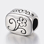 304 Stainless Steel European Beads, Large Hole Beads,  Rectangle with Flower and Word Daughter