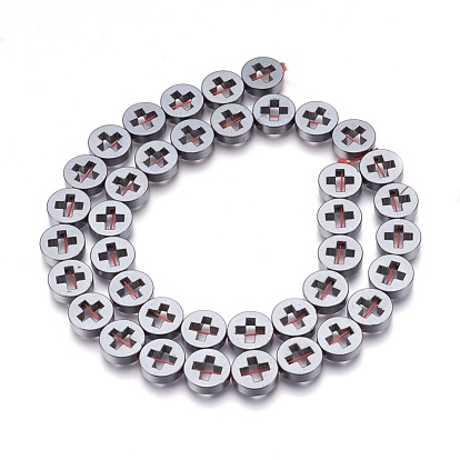 Non-magnetic Synthetic Hematite Bead Strands, Flat Round with Cross