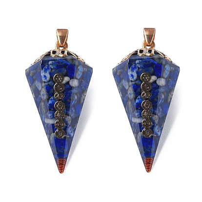 Natural Gemstone Chip Pendants, Cone Charm, with Resin and Light Gold Plated Brass Findings