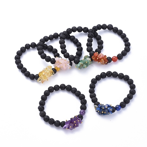 Natural Lava Rock Round Beads Stretch Bracelets, with Natural Gemstone Chips and Brass Beads, Golden
