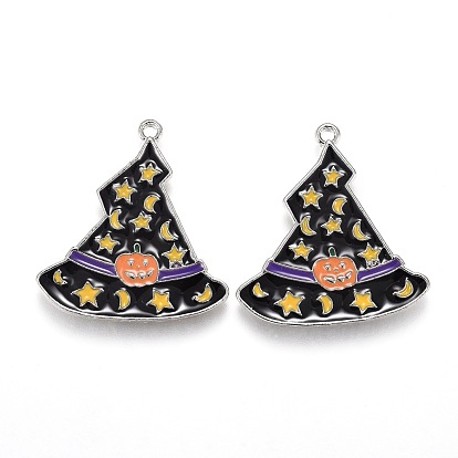 Halloween Theme Witch Hat Alloy Enamel Pendants, Magic Hat with Star and Moon & Pumpkin Pattern