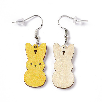 Rabbit Wooden Dangle Earrings, Platinum Tone Iron Earring with Ear Nut for Women