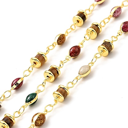 Natural Tiger Eye Column & Colorful Enamel Horse Eye Link Chain, with Brass Findings, Soldered, with Spool, Lead Free & Cadmium Free