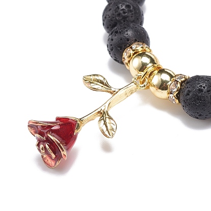 Natural Lava Rock & Synthetic Hematite Beaded Stretch Bracelet, Alloy Enamel Rose of Life Charm Bracelet for Women