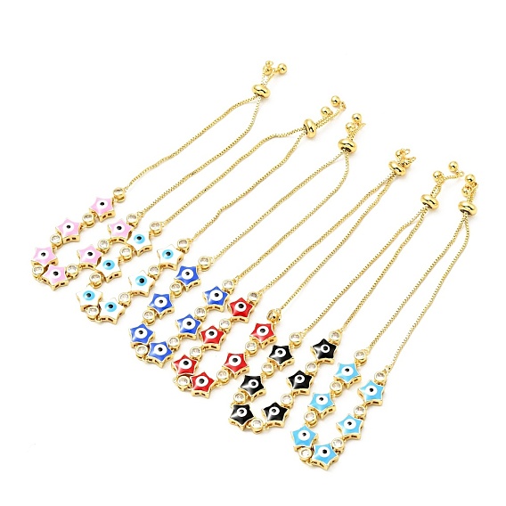 Clear Cubic Zirconia & Enamel Star with Evil Eye Links Slider Bracelet, Gold Plated Brass Jewelry for Women, Lead Free & Cadmium Free
