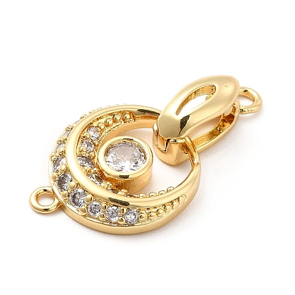 Rack Plating Brass Pave Clear Cubic Zirconia Fold Over Clasps, Long-Lasting Plated, Cadmium Free & Lead Free, Flat Round