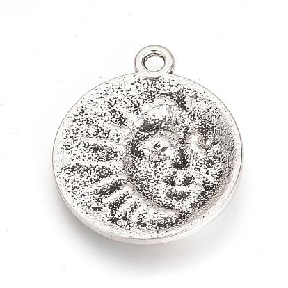 Tibetan Style Alloy Pendants, Flat Round with Moon and Sun, Cadmium Free & Lead Free