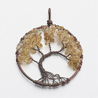 Gemstone Big Pendants, with Brass Findings, Flat Round with Tree