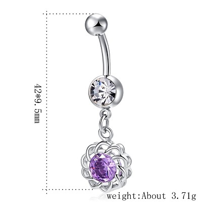 Piercing Jewelry, Brass Cubic Zirconia Navel Ring, Navel Ring Belly Rings, with 304 Stainless Steel Bar, Lead Free & Cadmium Free, Flower