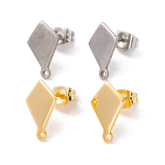 201 Stainless Steel Stud Earring Findings, with Ear Nuts and 304 Stainless Steel Pins, with Horizontal Loops, Rhombus