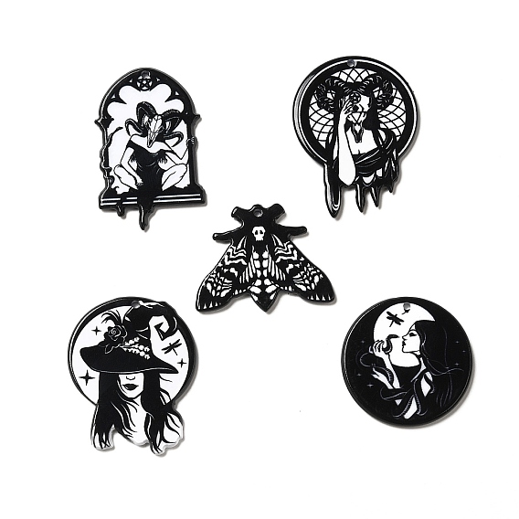 Pendentifs acryliques imprimés, Hécate avec breloque crâne de bélier & serpent & papillon de nuit & chapeau de sorcière