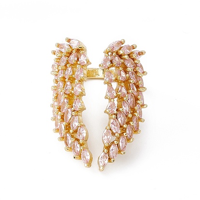 Anillo de puño abierto con doble ala de ángel de circonita cúbica, joyas de latón chapado en oro real 18k para mujer, sin plomo y el cadmio