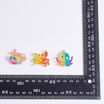 27Pcs 9 Styles Ocean Theme Transparent Resin Pendants, with Glitter Powder and Platinum Tone Iron Loops, Sea Animal Charm